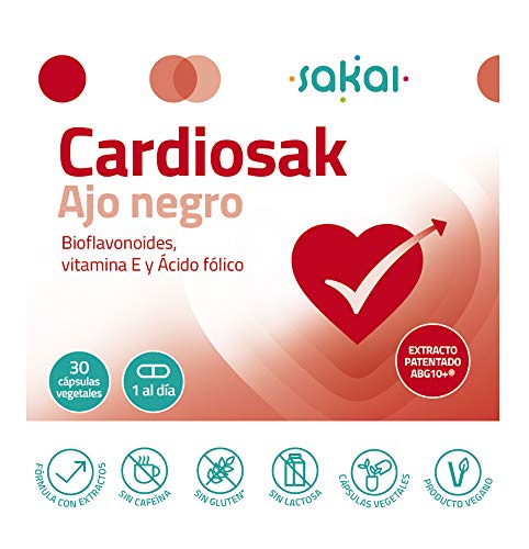 Sakai - Cardiosak Ajo Negro - Regula la función cardiovascular - Triglicéridos - Tensión arterial - Colesterol - ABG10+, Bioflavonoides, Vitamina E y Ácido Fólico - Sin olor - Sin sabor
