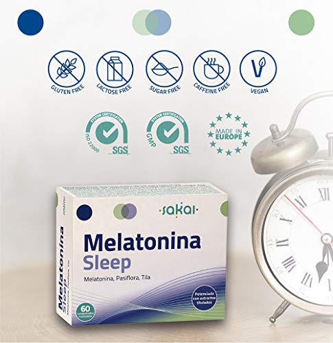 Sakai - Melatonina Sleep, 60 comprimidos masticables. Conciliación rápida del Sueño con efecto Duradero. Melatonina, Pasiflora y Tila. 1,9mg de Melatonina por comprimido.