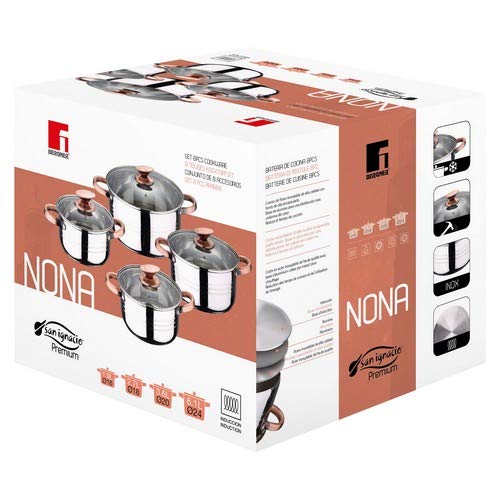 San Ignacio Premium Nona - Bateria de cocina de 4 piezas, acero inoxidable, 1.9L-2.7L-3.5L-5.1L, apta para todo tipo de cocinas incluido inducción, Cobre