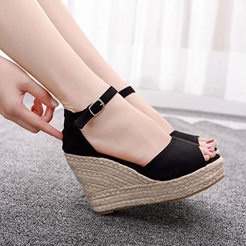 Sandalias de Mujer Plataforma,JiaMeng Moda Polaco Dull Costura Peep Toe Cuñas Hasp Sandalias Zapatos Flatform Sandalias Mujer Cuña Alpargatas Plataforma (Negro#5, 33)