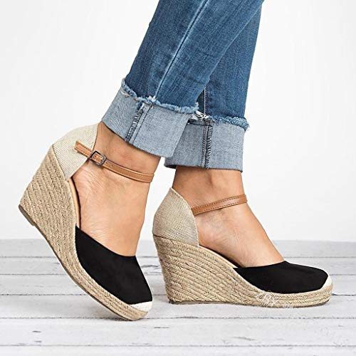 Sandalias Mujer Verano 2019, VECDY Moda para Mujer Flock Wedges Tobillo Alto Sandalias al Aire Libre Punta Redonda Calzado Casual cuña 6cm Casual Calzados Zapatillas（Negro，EU-40）