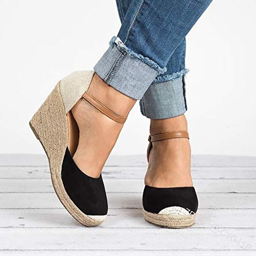 Sandalias Mujer Verano 2019, VECDY Moda para Mujer Flock Wedges Tobillo Alto Sandalias al Aire Libre Punta Redonda Calzado Casual cuña 6cm Casual Calzados Zapatillas（Negro，EU-40）