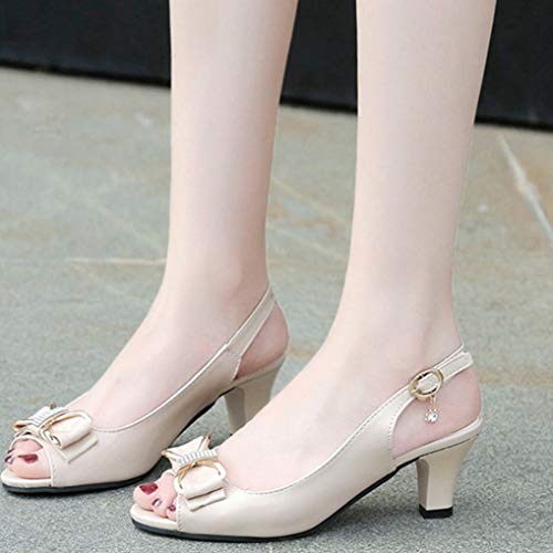 Sandalias Peep-Toe para Mujer Correa de Hebilla de Cuero Summer Formal Rhinestone Prom Block Heel Bow Knot Slingback Sandals