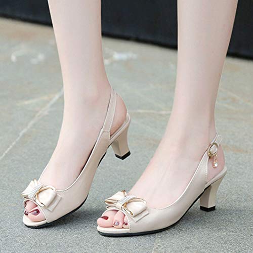 Sandalias Peep-Toe para Mujer Correa de Hebilla de Cuero Summer Formal Rhinestone Prom Block Heel Bow Knot Slingback Sandals