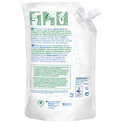Sanex Zero% Piel Normal, Gel de Ducha Recambio - 1000 ml