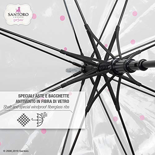 Santoro Gorjuss Paraguas Transparente Cupula Puddles of Love Mujer Niña - Paraguas Clasico Burbuja Estampado Muñeca Dots y Borde Rosa - Paraguas Antiviento Robusto Automatico - Diametro 89 cm