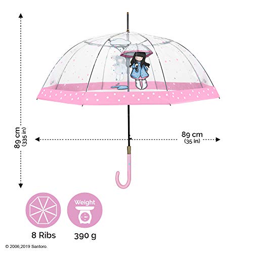 Santoro Gorjuss Paraguas Transparente Cupula Puddles of Love Mujer Niña - Paraguas Clasico Burbuja Estampado Muñeca Dots y Borde Rosa - Paraguas Antiviento Robusto Automatico - Diametro 89 cm