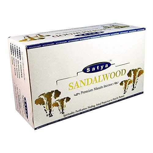 Satya - Varillas de Incienso de sándalo, Caja de 180 g, 12 Paquetes DE 15 Gramos, Cada una en una Caja