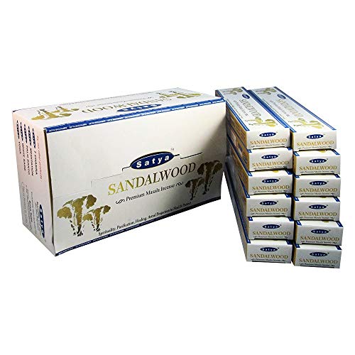 Satya - Varillas de Incienso de sándalo, Caja de 180 g, 12 Paquetes DE 15 Gramos, Cada una en una Caja