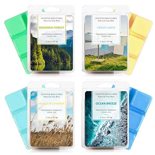 SCENTORINI Cubos de Cera para fragancias, 100% Cera de SOYA derretida para lámpara de Fragancia, Linen Fresco, Bosque Bohemio, Brisa Marina, Viento en Verano, 70.9 gx 4 Piezas