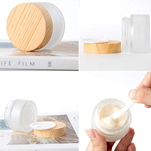 Schneespitze 5 Pcs Frasco De Crema Facial De Vidrio,Ollas De Crema para La Cara Vacías Textura De Madera Tapa,Esmerilado Tarros De Crema Recipientes VacíOs para CosméTicos