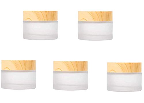 Schneespitze 5 Pcs Frasco De Crema Facial De Vidrio,Ollas De Crema para La Cara Vacías Textura De Madera Tapa,Esmerilado Tarros De Crema Recipientes VacíOs para CosméTicos
