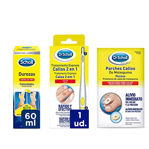 Scholl Callos Tratamiento Exprés 2 en 1 Rápido y Efectivo + Parches Protectores + Crema de Pies para Durezas 60ml