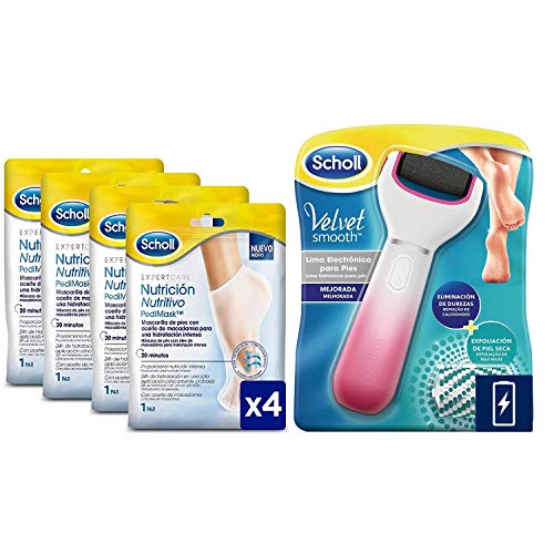 Scholl Pack Lima Velvet Smooth Diamond Crystals + Mascarilla Nutritiva para Pies – 4 pares (8 mascarillas) - Calcetín nutritivo para hidratación intensa y duradera en 20 minutos