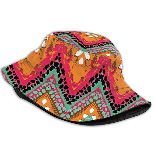 SDFRG Sombrero de playa de verano Gorra de cubo Pintura de mano tribal Patrón de zigzag étnico con efectos de África Pinceladas Caléndula Mar Verde Rosa Blanco Sombrero de pescador para hombres y muje
