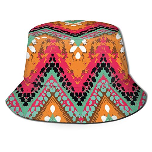 SDFRG Sombrero de playa de verano Gorra de cubo Pintura de mano tribal Patrón de zigzag étnico con efectos de África Pinceladas Caléndula Mar Verde Rosa Blanco Sombrero de pescador para hombres y muje
