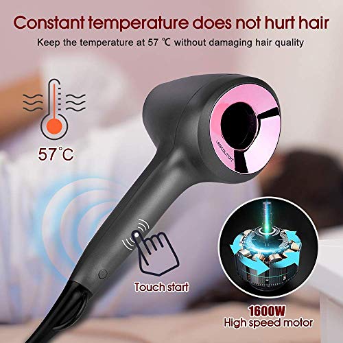 Secador de Cabello Ion, Smart Touch Sensing Hair Blow Secador único Velocidad de Flujo de Aire 3D 6 con LED Control Blow Dryer 1600w Bajo Nivel de Ruido con difusor