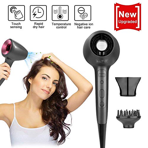 Secador de Cabello Ion, Smart Touch Sensing Hair Blow Secador único Velocidad de Flujo de Aire 3D 6 con LED Control Blow Dryer 1600w Bajo Nivel de Ruido con difusor