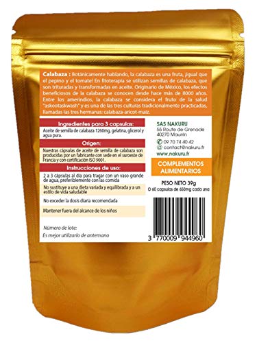 Semillas de Calabaza / 60 cápsulas de 650 mg/NAKURU Equilibrio/Analizados y acondicionados en Francia /"El fruto de los Aztecas!"