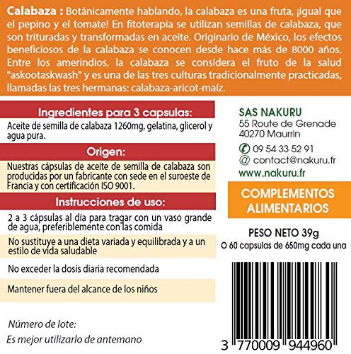 Semillas de Calabaza / 60 cápsulas de 650 mg/NAKURU Equilibrio/Analizados y acondicionados en Francia /"El fruto de los Aztecas!"
