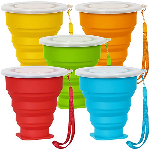 Senhai 5 Pack Copa de Viaje Plegable con Tapa, 6Oz Silicona Taza Plegable de Beber, BPA Libre retráctil para IR de excursión Camping Picnic - Azul, Verde, Amarillo, Naranja, Rojo