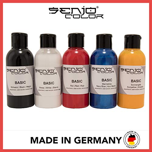 Senjo Color ® Airbrush Set de colores (para la cara y el cuerpo) Colores probados dermatológicamente (5 x75ml) Colores: Negro, Blanco, Rojo, Amarillo y Azul