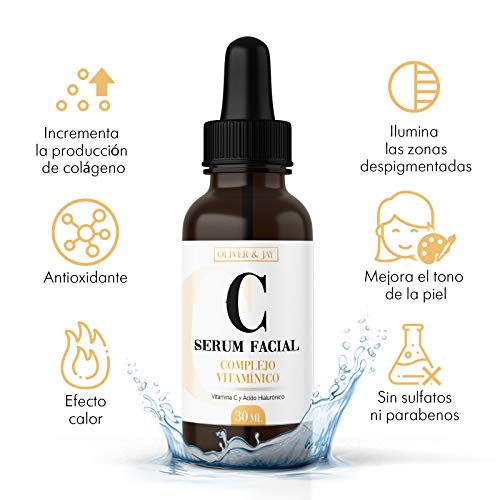 Serum con Vitamina C y Acido Hialuronico de Oliver & Jay ~ Serum Facial con Vitamina E - Antimanchas, Antiarrugas, Combate Líneas de Expresión - Suero para la Cara Organico y Vegano - 30 ml