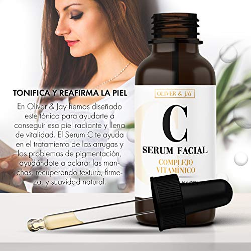 Serum con Vitamina C y Acido Hialuronico de Oliver & Jay ~ Serum Facial con Vitamina E - Antimanchas, Antiarrugas, Combate Líneas de Expresión - Suero para la Cara Organico y Vegano - 30 ml