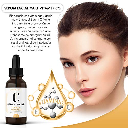 Serum con Vitamina C y Acido Hialuronico de Oliver & Jay ~ Serum Facial con Vitamina E - Antimanchas, Antiarrugas, Combate Líneas de Expresión - Suero para la Cara Organico y Vegano - 30 ml