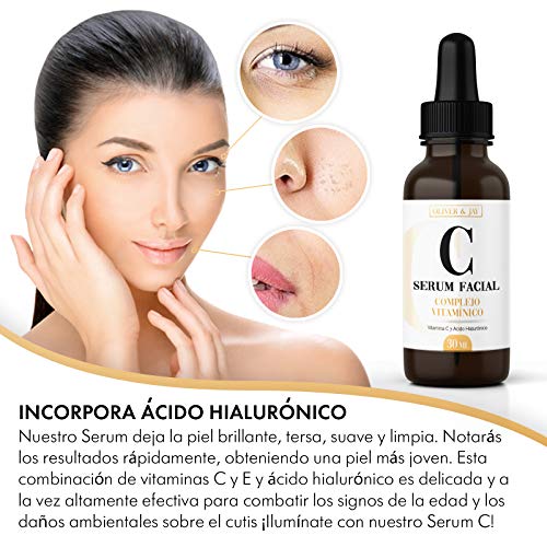 Serum con Vitamina C y Acido Hialuronico de Oliver & Jay ~ Serum Facial con Vitamina E - Antimanchas, Antiarrugas, Combate Líneas de Expresión - Suero para la Cara Organico y Vegano - 30 ml
