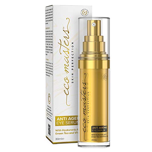 Sérum Contorno de Ojos Antiarrugas 30ml - Elimina Líneas de Expresión y Arrugas, Suero Antiedad y Hidratante Facial Para Mujeres y Hombres, Con Vitamina E, CoQ10 y Ácido Hialurónico - Eco Masters