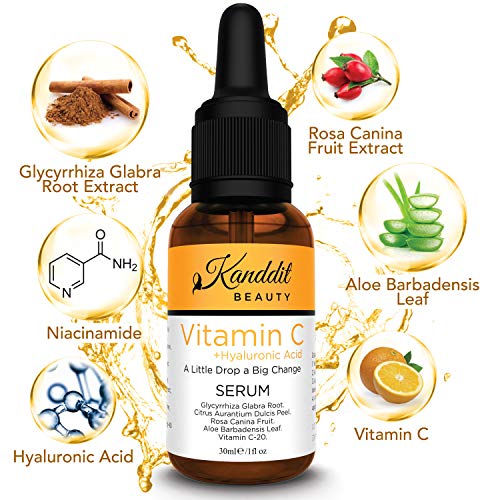 Sérum facial antiedad con vitamina C y ácido hialurónico, elimina las líneas de expresión, arrugas, manchas y el tono apagado de la piel (30 ml)