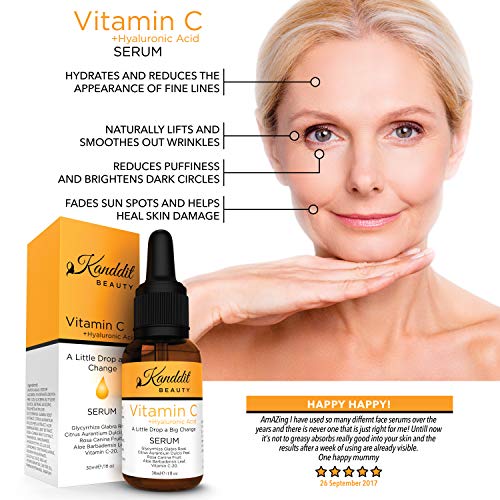 Sérum facial antiedad con vitamina C y ácido hialurónico, elimina las líneas de expresión, arrugas, manchas y el tono apagado de la piel (30 ml)