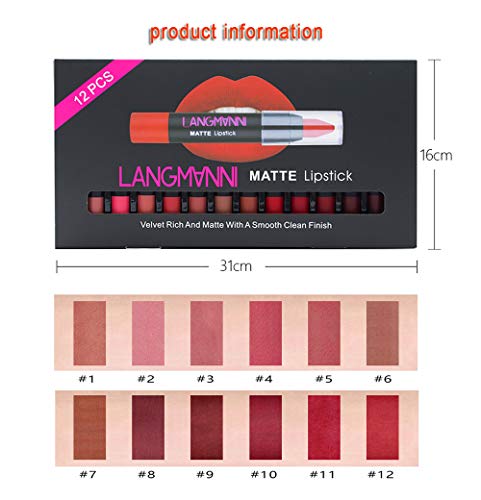 Set de 12 colores de barra de labios mate, barra de labios suave humectante desnuda, lápiz de labios de terciopelo impermeable de larga duración Lápiz de maquillaje Velvet lip gloss