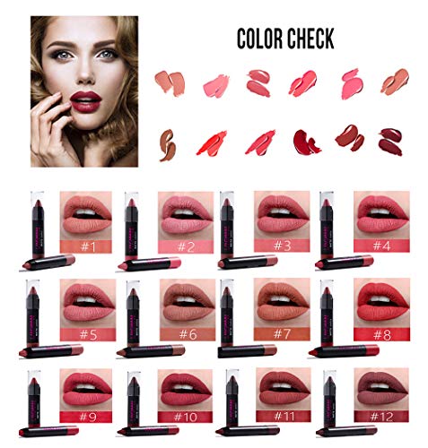Set de 12 colores de barra de labios mate, barra de labios suave humectante desnuda, lápiz de labios de terciopelo impermeable de larga duración Lápiz de maquillaje Velvet lip gloss