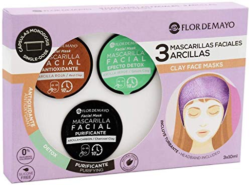 Set de 3 Mascarillas Faciales con Turbante de Regalo: Arcilla Roja Antioxidante, Verde Detox y Negra con Carbón Activo Purificante, Contra Impurezas, Puntos Negros, Hidrata y Nutre - Pack 3