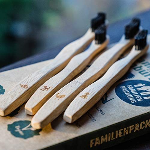 Set de 4 cepillos de dientes madera de Bambú, vegano, biológico, biodegradable,100% libre de BPA, carbón vegetal.
