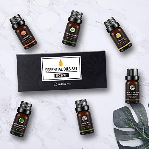 Set de Aceites Esenciales,100% Natural Puro Aromaterapia Aceite Aromátic,Eucalipto, Menta, Naranja dulce, Agujas de pino, Limón, Hinojo,Para Humidificador y Difusor Aroma,relajarse,Aromaterapia, Spa