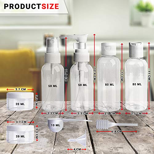 Set de Botellas de Viaje para Artículos de Aseo Personal y Botes y Envases para el Equipaje de Mano Conforme Medidas de Seguridad Aérea en el Aeropuerto para Líquidos, Maquillaje, Perfume con Tapones