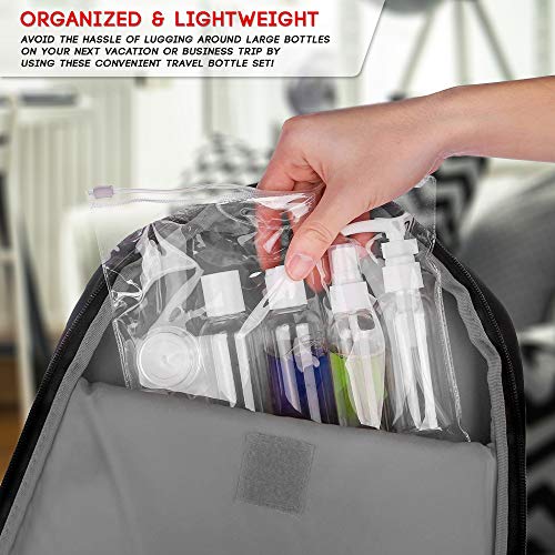 Set de Botellas de Viaje para Artículos de Aseo Personal y Botes y Envases para el Equipaje de Mano Conforme Medidas de Seguridad Aérea en el Aeropuerto para Líquidos, Maquillaje, Perfume con Tapones