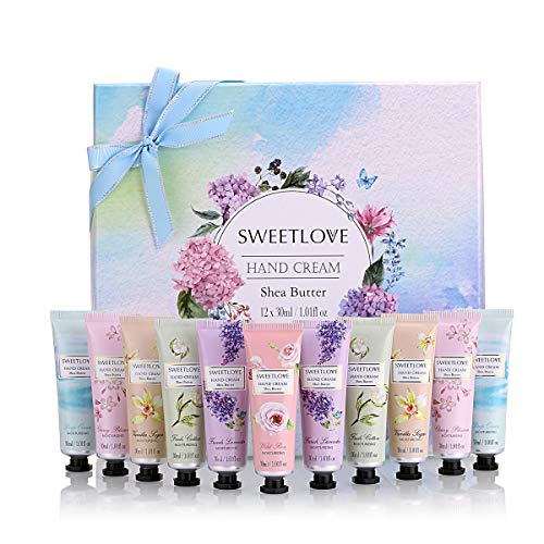 Set de regalo de crema de manos, crema de manos de 12 piezas x 1floz de tamaño de viaje con manteca de karité, aloe natural, vitamina E, hidratante para manos y pies secos, el mejor regalo para mujere