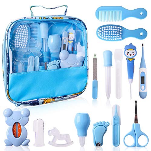 Set para Cuidado del Bebé Azul 14 Unids Recién Nacido Bebé Cuidado Set con dos Peines Cortauñas Cepillos de Dedo para Bebés (14pcs Azul)
