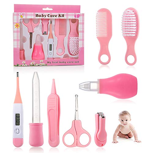 Set Para Cuidado Del Bebé, Comius Sharp 8 Piezas Bebé Kit de Cuidado Diario, Conveniente Bebé Kit de Aseo Nail Clipper Tijeras Cepillo de Pelo Peine Manicura (Pink)