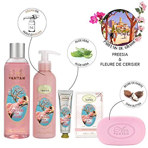 Set Regalo Mujer Flor de Cerezo: 1 gel de ducha/bano de burbujas 250 ml, 1 crema para manos 25 ml, 1 jabón 100 g, 1 loción corporal 200 ml/Libre de parabenos/Hecho en Francia/Regalo Original
