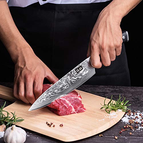 SHAN ZU Cuchillo de Cocina Damasco, 20cm Cuchillo Chef Japones de Acero Damasco de 67 Capas, Mango de Material G10, Cuchillo de Cocinero Profesional para Cortar Verdura, Fruta, Carne y Pescado