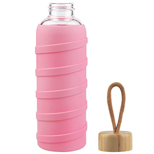 SHBRIFA Botella de Agua de Vidrio de Borosilicato Deportivo 480ml / 1000ml / 1 Litre, Botella de Agua de Cristal con Funda de Silicona y Tapa de Bambu a Prueba de Fugas(480ml Rosa)