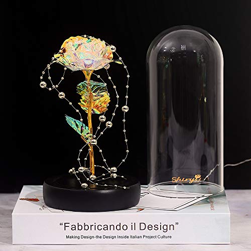 shirylzee Kit de Rosas La Bella y la Bestia, Lámina de Oro Colorida Rosa Flores con Luces de Cadena y Cuentas,Base de Madera cúpula de Vidrio,Regalo para Boda,Aniversario,Madre,Navidad, San Valentin