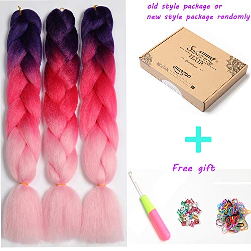 ShowJarlly Jombo trenzado pelo sintético 100 G/PC 24"Largo Kanekalon africana mechones extensiones de pelo 3PCS/LOT (C25#Purple/Peach/Light Pink)
