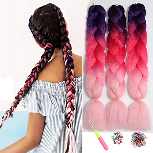 ShowJarlly Jombo trenzado pelo sintético 100 G/PC 24"Largo Kanekalon africana mechones extensiones de pelo 3PCS/LOT (C25#Purple/Peach/Light Pink)