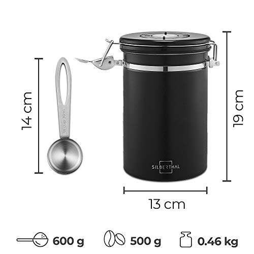 SILBERTHAL Bote café hermético con Cuchara | Tarro Cafe 500g | Bote almacenar café | Recipiente hermético café molido, en Grano o en Polvo de Acero Inoxidable | Contenedor de café